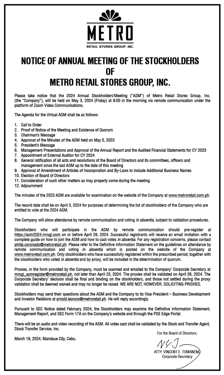 Notice Of Annual Meeting Of The Stockholders' Of Metro Retail Stores 