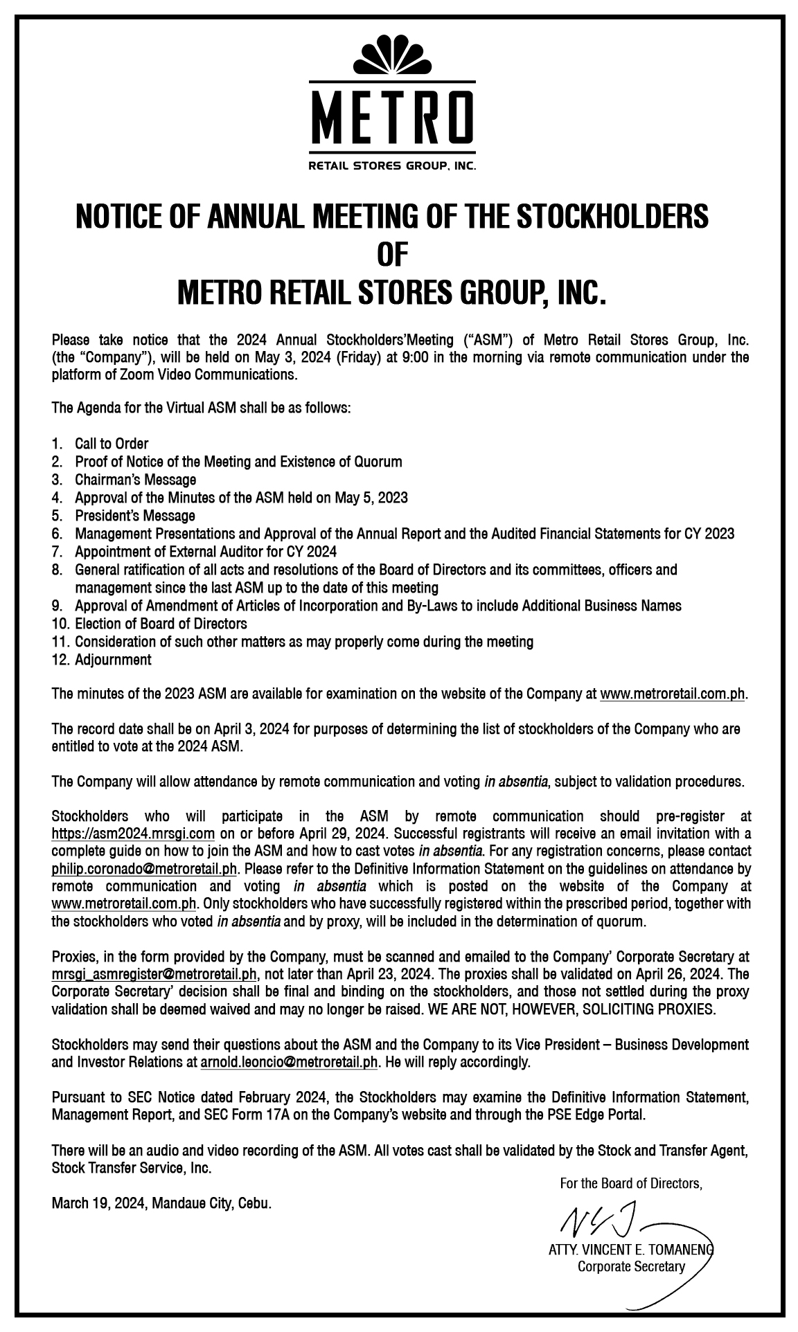 Notice of Annual Meeting of the Stockholders' of Metro Retail Stores ...