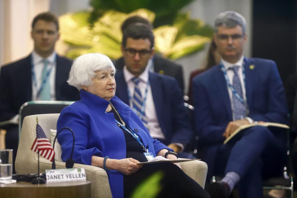 The US Treasury Secretary Janet Yellen takes part in a meeting with Brazil´s Environment and Climate Change minister, the Inter-American Development Bank (IDB), and ministers of economy of Amazonian countries, celebrating the first year of the implementation of the Amazonia Forever program in Belem, Para State, Brazil, on July 27, 2024. (Photo by THIAGO GOMES / AFP)