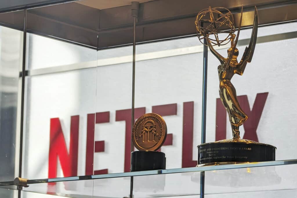 Awards, including an Emmy, are displayed at Netflix headquarters Los Gatos, Calif. on March 7, 2024. 