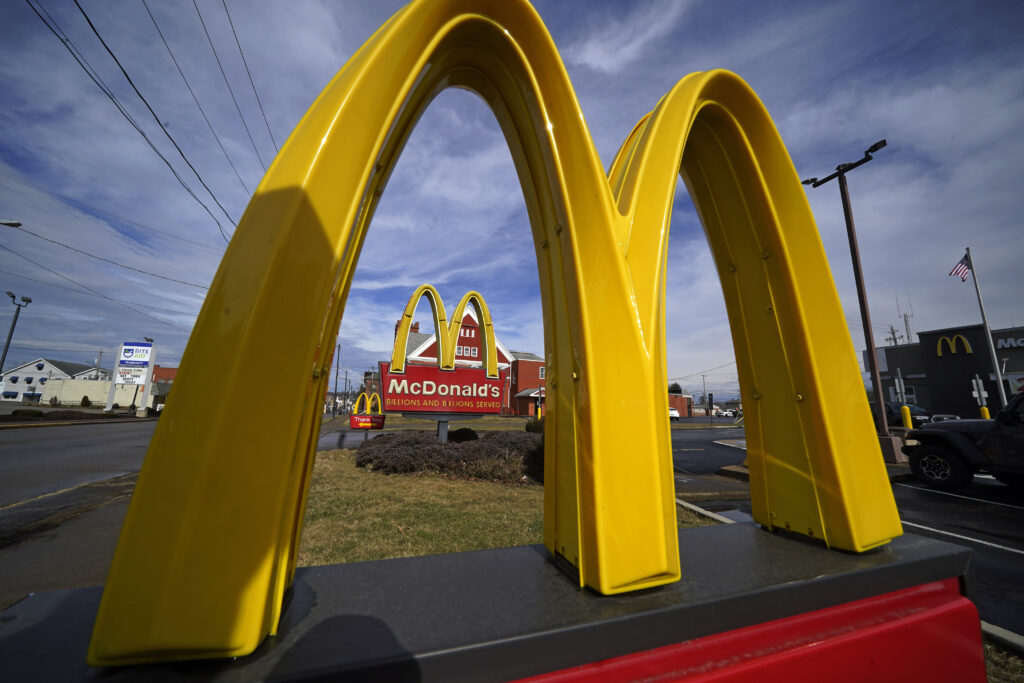 FILE - McDonald's restaurant signs are shown in in East Palestine, Ohio, Feb. 9, 2023. 