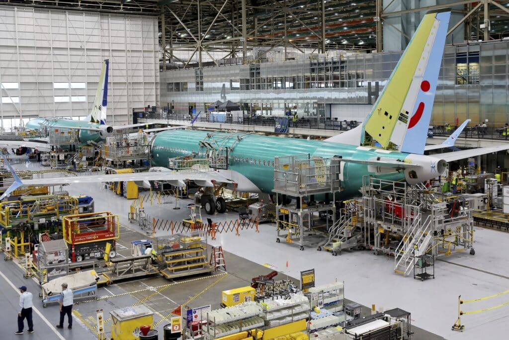 A Boeing 737 MAX aircraft is shown on the assembly line at the Boeing facility in Renton, Wash., June 25, 2024. 