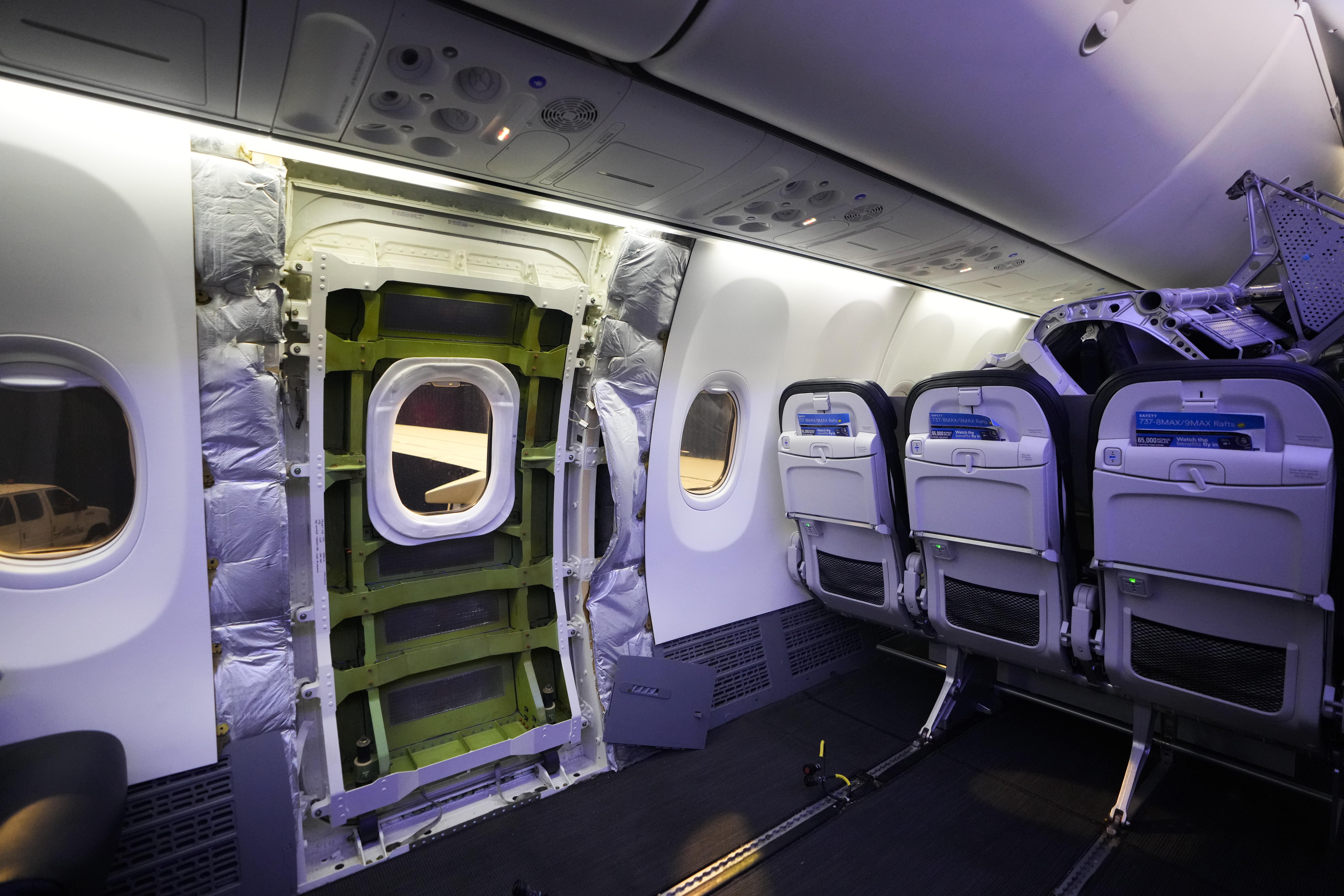 File - A door plug area of an Alaska Airlines Boeing 737 Max 9 aircraft awaiting inspection is pictured with paneling removed at the airline's facilities at Seattle-Tacoma International Airport on Jan. 10, 2024, in SeaTac, Wash.