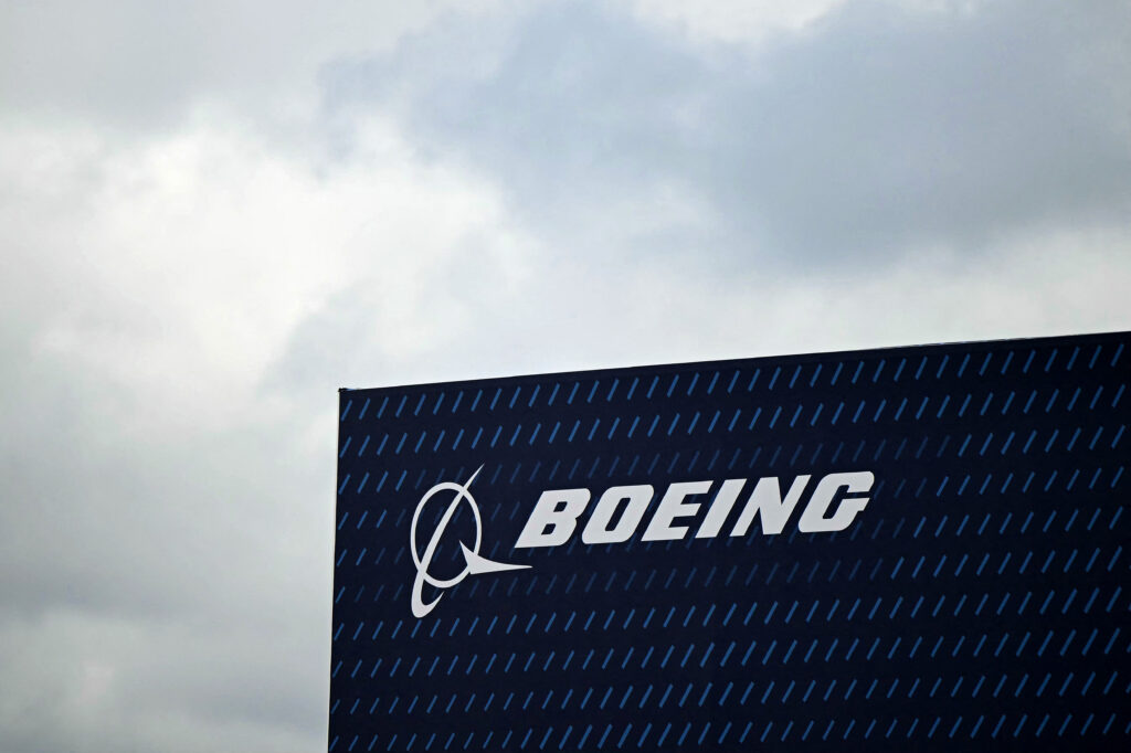  A logo is seen on the Boeing stand on the opening day of the Farnborough International Airshow 2024, south west of London, on July 22, 2024. 