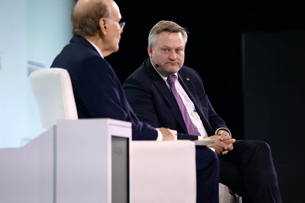 CEO of BP Murray Auchincloss (R) speaks with with Vice Chairman of S&P Global Daniel Yergin,during the CERAWeek oil summit in Houston, Texas, on March 19, 2024.