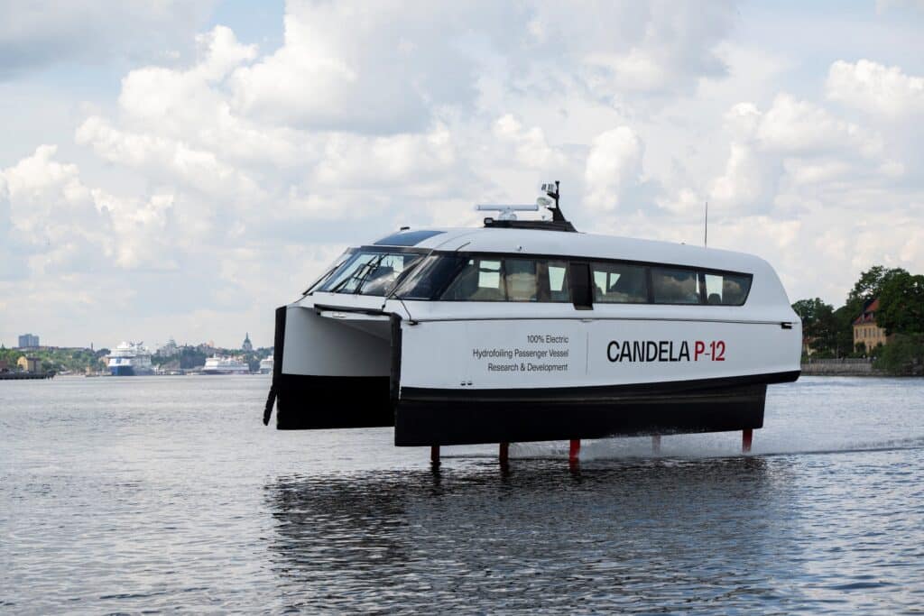 This photo taken on June 3, 2024 shows the Candela P-12 electric ferry, which is planned to be run as a shuttle boat, in Stockholm, Sweden. 