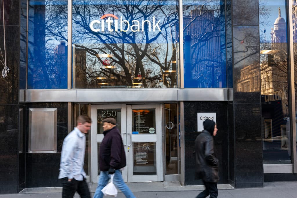 NEW YORK, NEW YORK - MARCH 01: People walk by a CitiBank location in Manhattan on March 01, 2024 in New York City. 