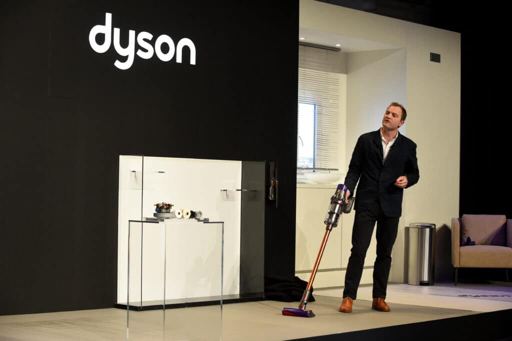 British inventor James Dyson's son Jake Dyson, Chief engineer at Dyson presents the company's new model of vacuum cleaner in Paris on March 6, 2018. 