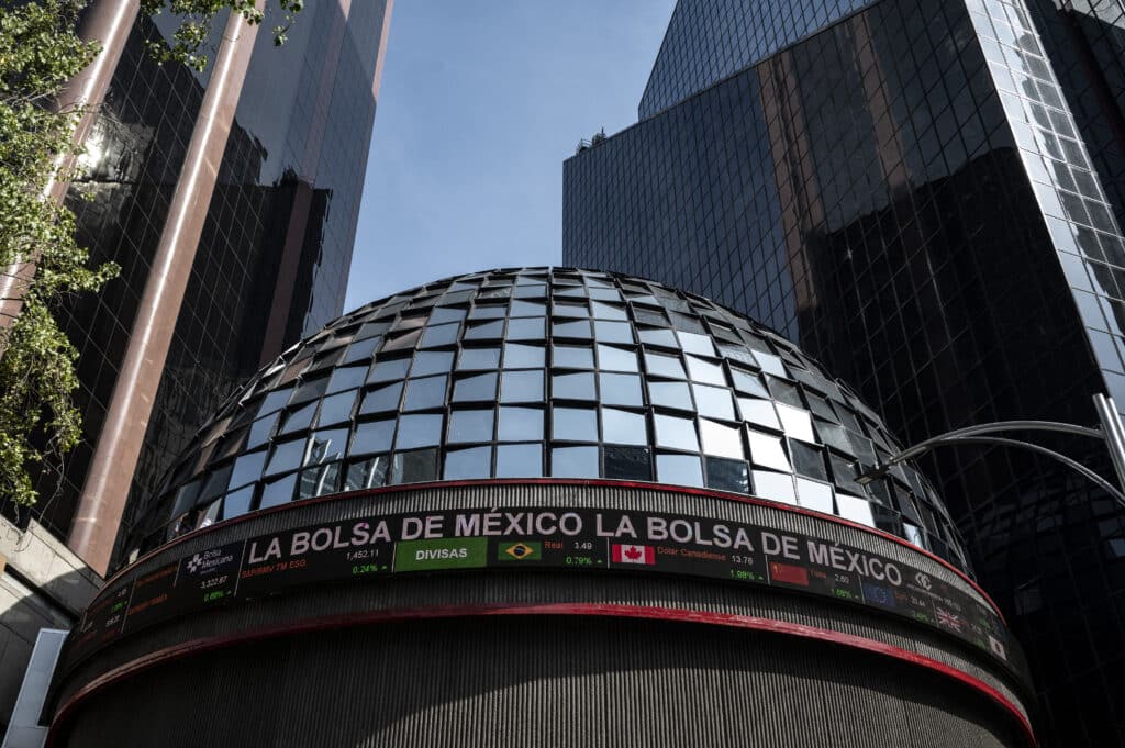 View of the Mexican Stock Exchange building showing the different types of world currency quotes and stock market operations in Mexico City on June 12, 2024. 