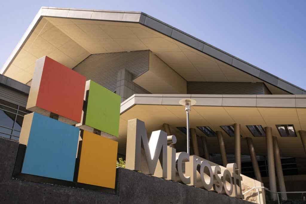 A sign is seen at the Microsoft headquarters on July 3, 2024 in Redmond, Washington.