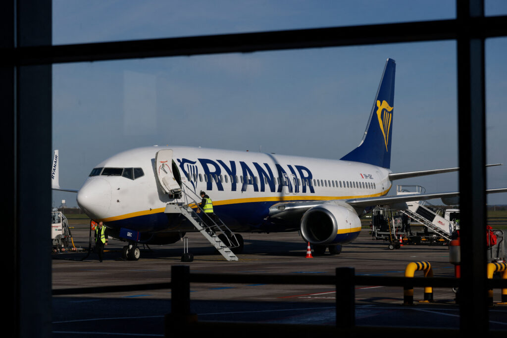 An aircraft of low-cost Irish airline Ryanair is prepared pre-flight at the Berlin-Brandenburg airport in Schoenefeld near Berlin, on April 4, 2024.