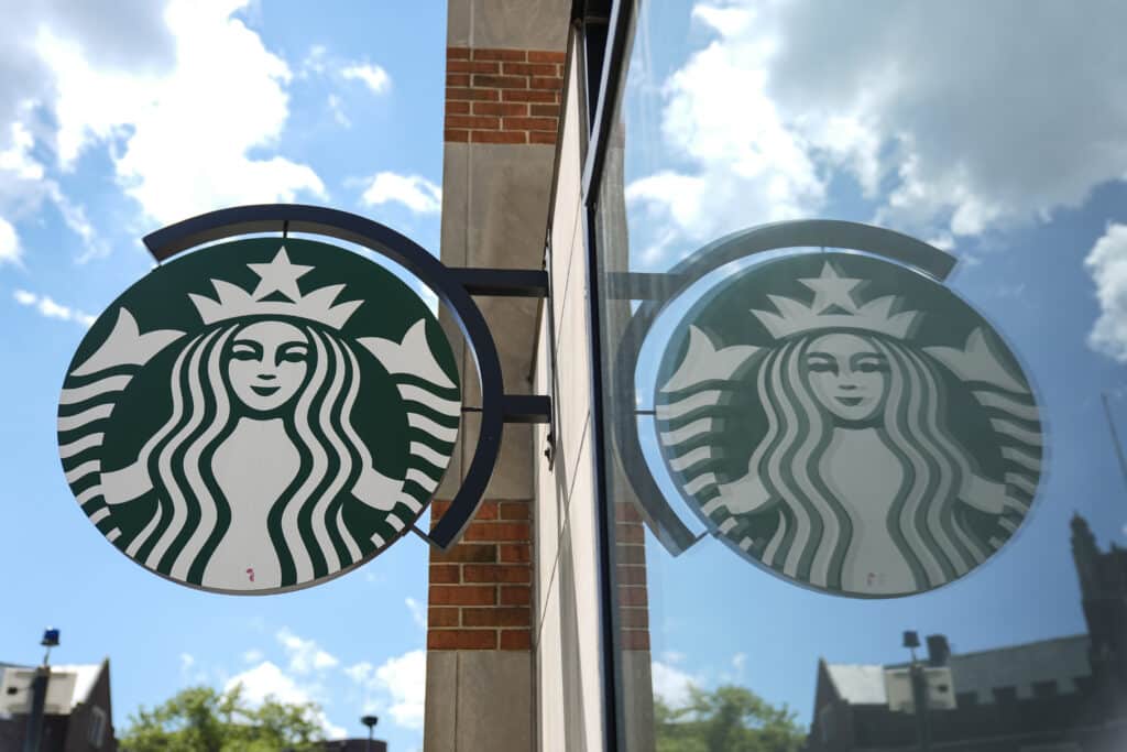 A sign at a Starbucks is displayed in Philadelphia, Wednesday, May 1, 2024. 