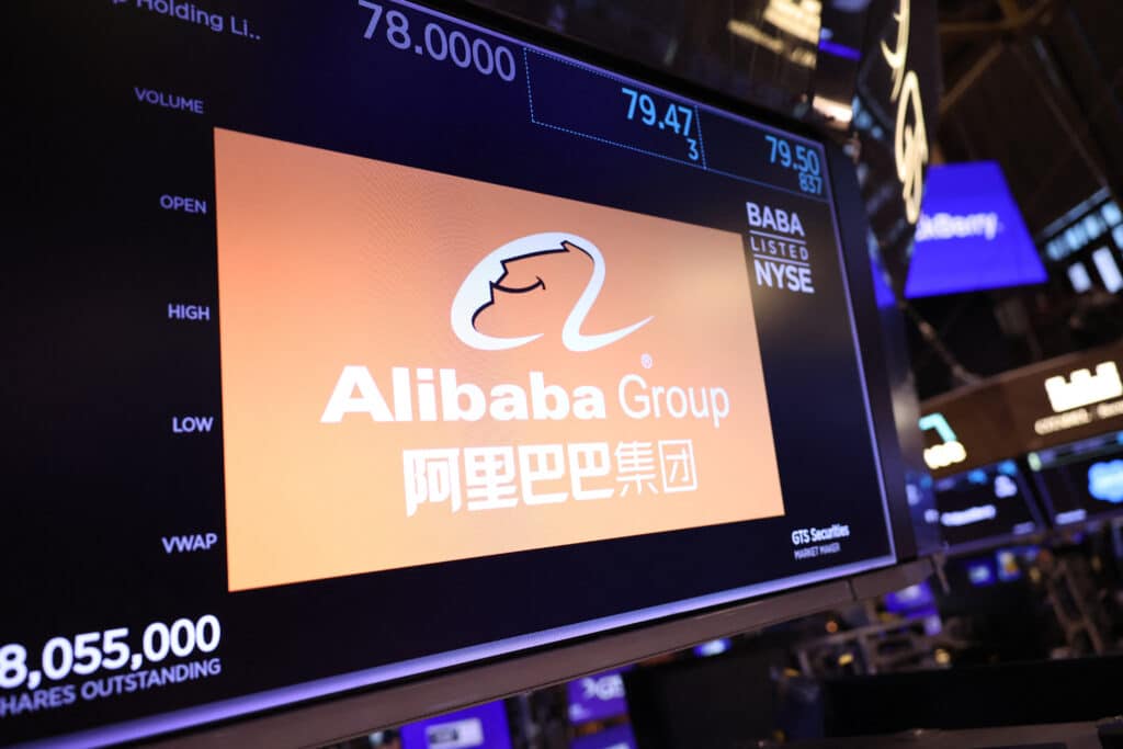 The Alibaba Grou company logo is displayed on the floor of the New York Stock Exchange during morning trading on July 31, 2024 in New York City. 