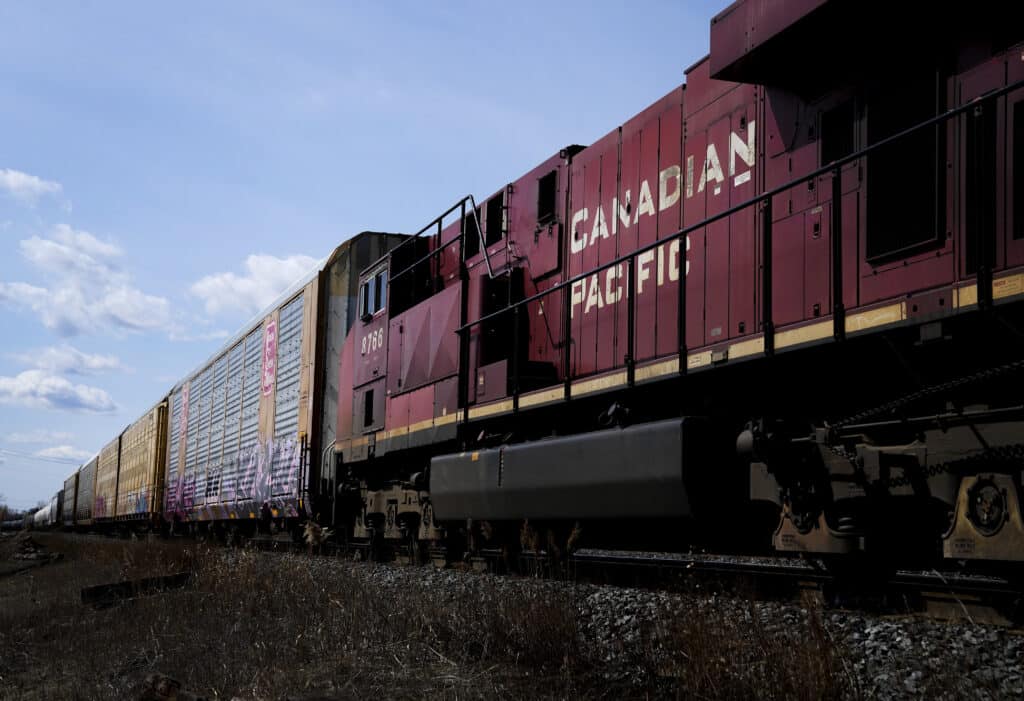 Canadian Pacific trains sit at the main CP Rail train yard in Toronto, March 21, 2022.