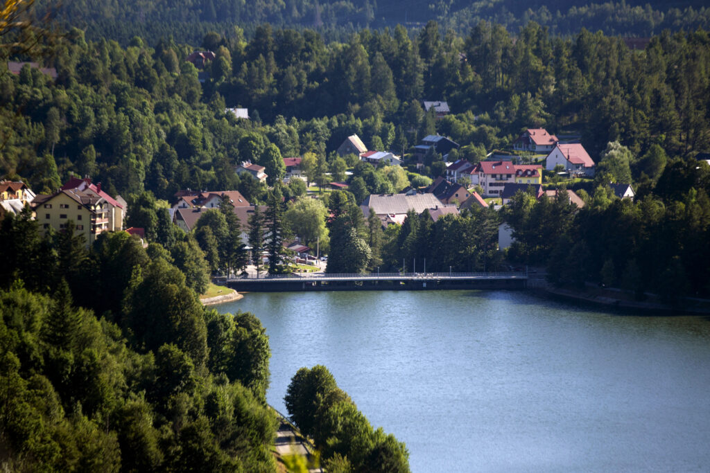 This aerial view shows the lake Bajer, with the village of Fuzine, in Western Croatia, on July 30, 2024. 