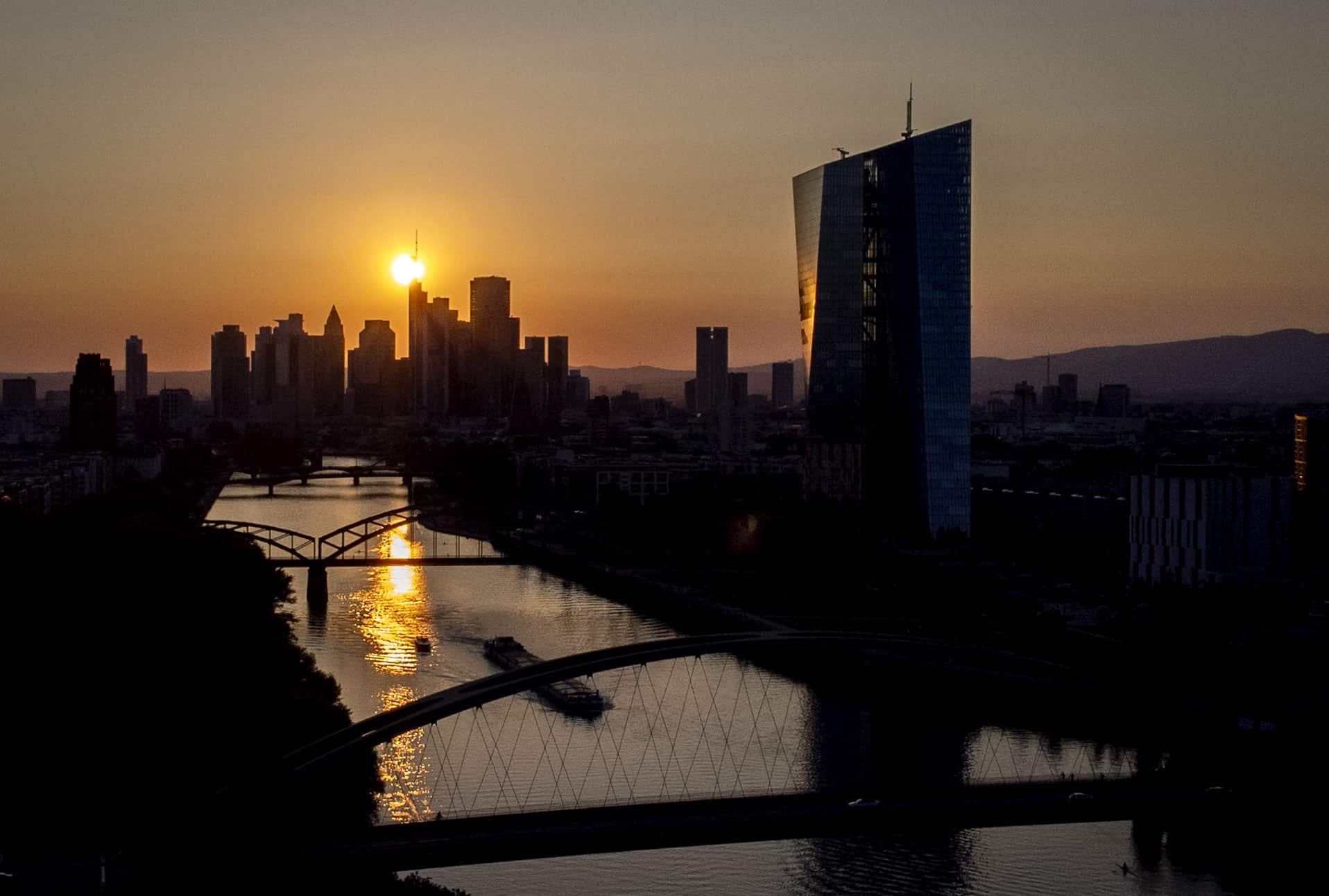 The sun sets behind the European Central Bank