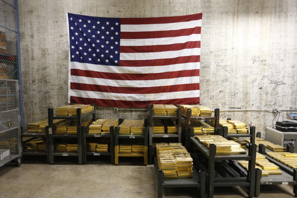 Gold bars are stacked in a vault at the U.S. Mint in West Point, N.Y., on July 22, 2014. 