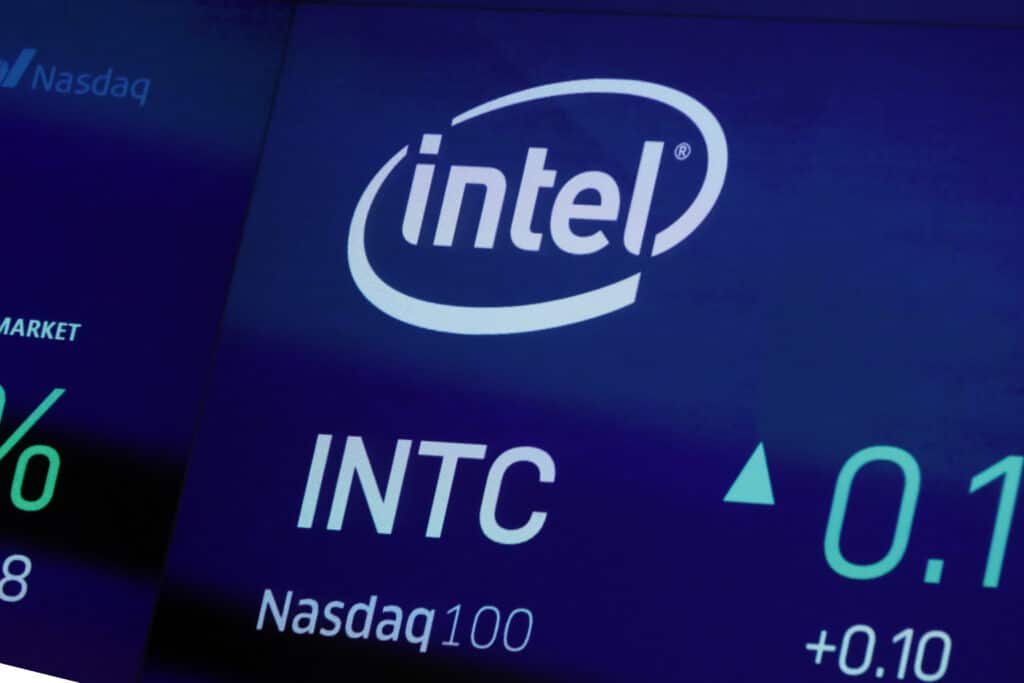 FILE - The symbol for Intel appears on a screen at the Nasdaq MarketSite, on Oct. 1, 2019 in New York. Intel Corp. Intel reports earnings on Thursday, Aug. 1, 2024. 