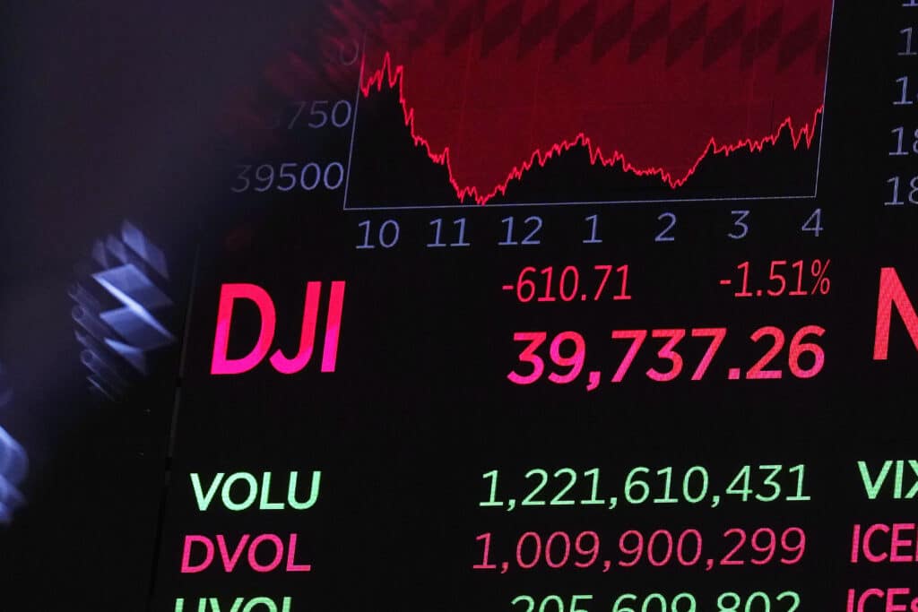 A board above the trading floor shows the closing number for the Dow Jones industrial average, at the New York Stock Exchange, Friday, Aug. 2, 2024.