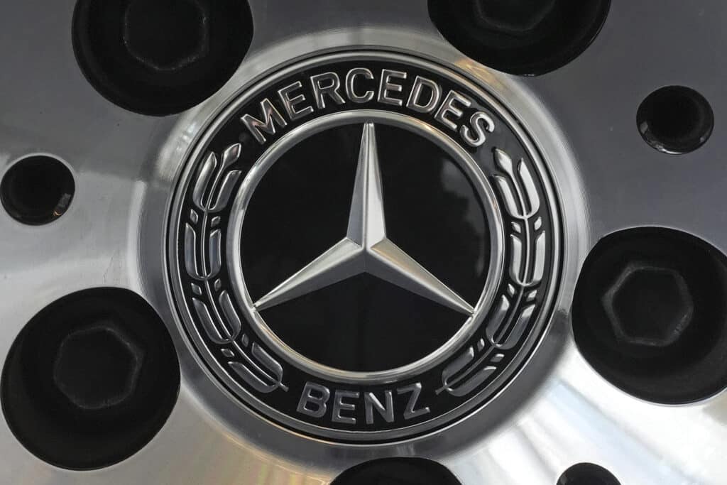 This is the Mercedes-Benz logo on a wheel of a GLE 450e 4MATIC SUV automobile on display at the Pittsburgh International Auto Show in Pittsburgh, Feb. 15, 2024.