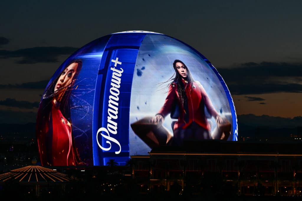 The Paramount Global Paramount+ streaming service logo is displayed on the Sphere arena in Las Vegas, Nevada on February 7, 2024. 