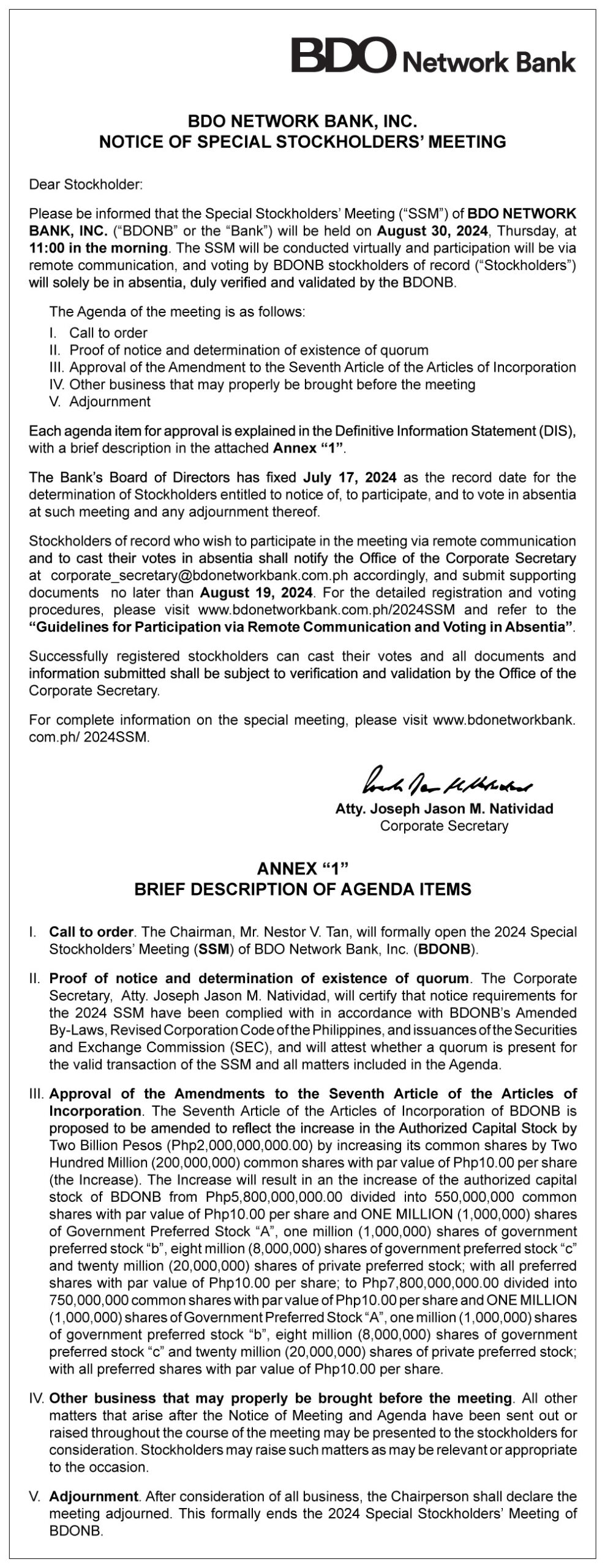 BDO Network Bank, Inc.: Notice of Special Stockholders' Meeting (Second Publication) 