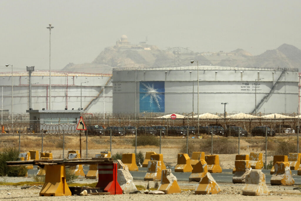 FILE - Storage tanks are seen at the North Jeddah bulk plant, an Aramco oil facility, in Jeddah, Saudi Arabia, on March 21, 2021.