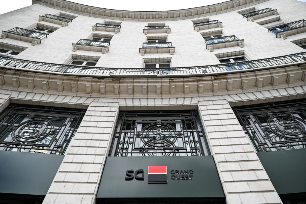 This photograph shows the logo of the Societe Generale Bank displayed outside the bank building, in Nantes, western France, on July 4, 2024. 