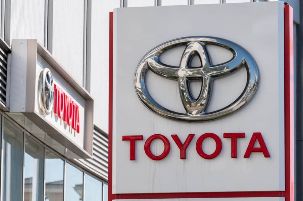 This picture taken on October 31, 2022 shows the logo of Toyota Motor displayed at a car showroom in Tokyo. 