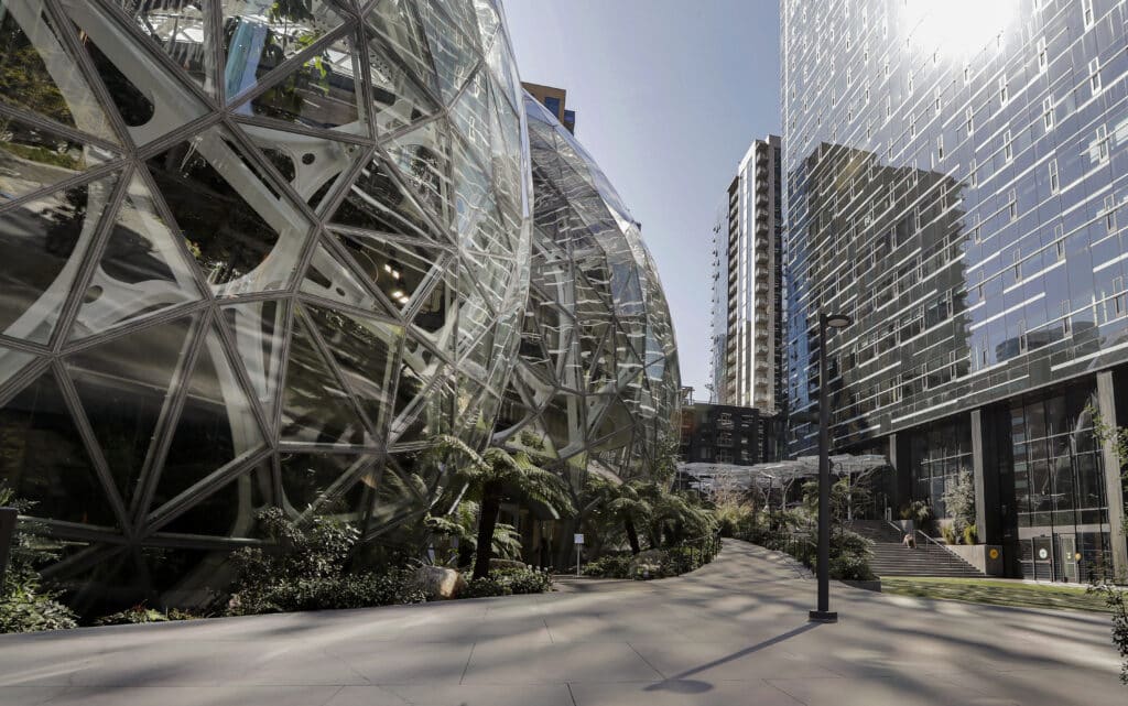 The Amazon campus outside the company headquarters in Seattle is shown on March 20, 2020.