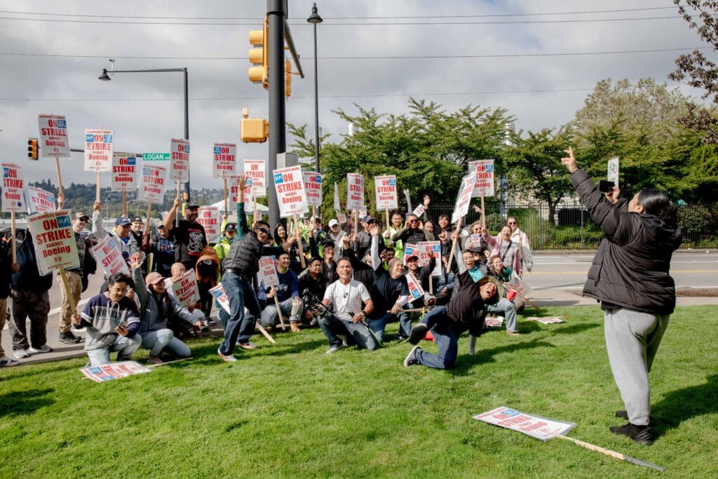 Striking Boeing workers and their supporters picket outside the Boeing Co. manufacturing facility in Renton, Washington on September 16, 2024.