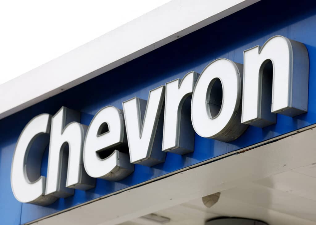 The Chevron logo is displayed at a Chevron gas station on May 22, 2023 in Los Angeles, California. 