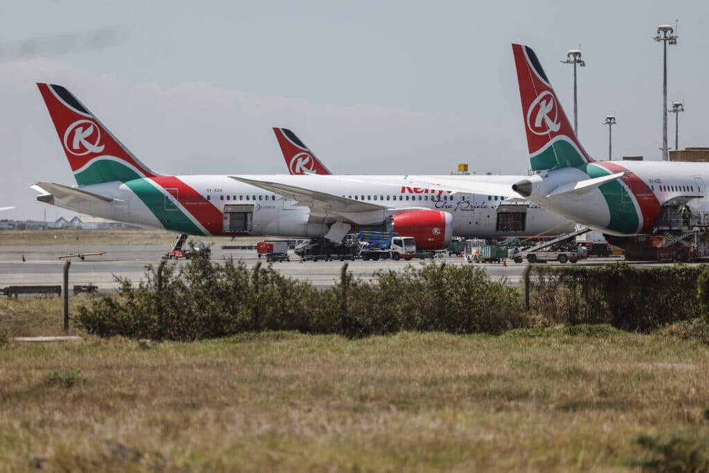 A general view of parked Kenya Airways planes at Jommo Kenyatta International Airport (JKIA) in Nairobi on September 11, 2024.