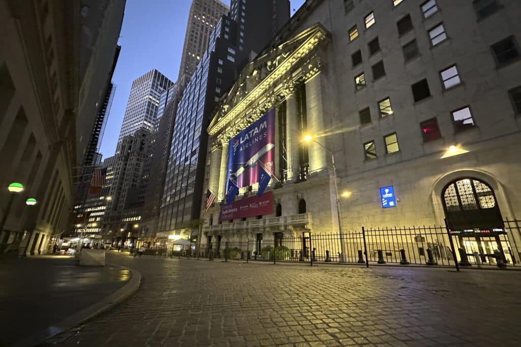 A banner for LATAM Airlines hangs from the front of the New York Stock Exchange on Tuesday, Oct. 22, 2024, in New York.