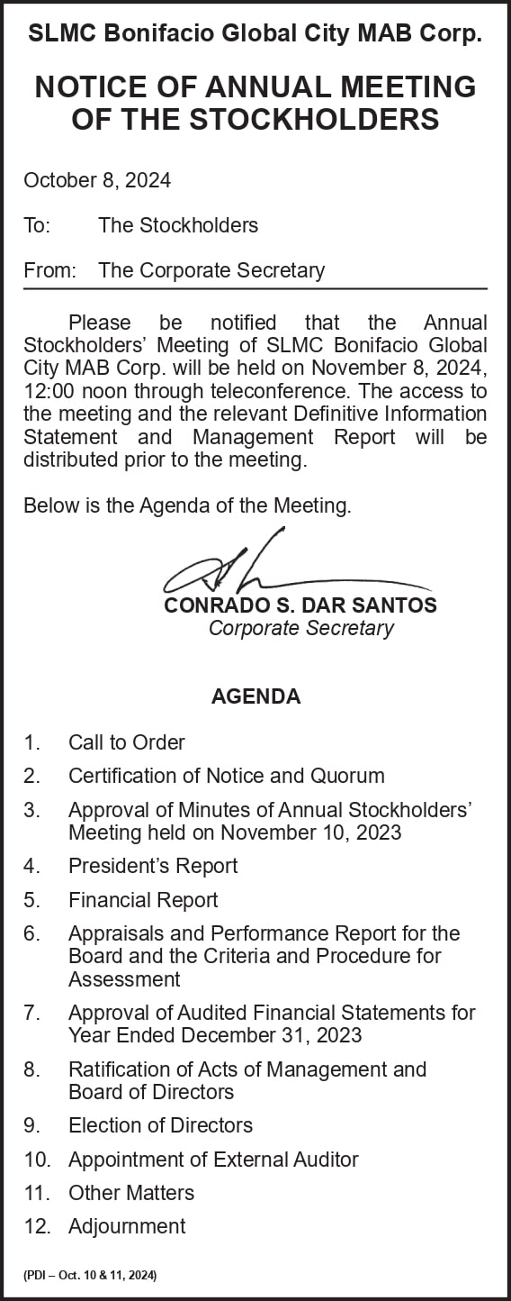 SLMC Bonifacio Global City MAB Corp. Notice of Annual Meeting of the Stockholders