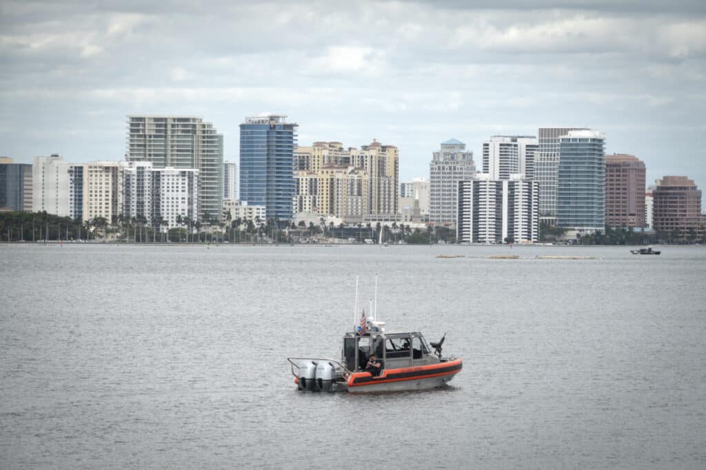 A Coast Guard boat patrols the waters near President-elect Donald Trump's Mar-a-Lago resort on November 18, 2024 in Palm Beach, Florida. 