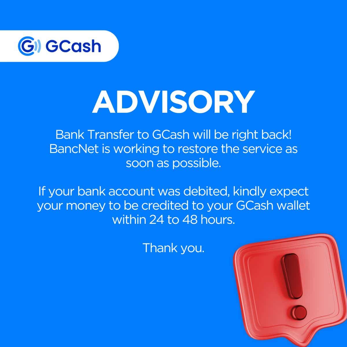 GCash bank transfers down; refunds expected in 24 to 48 hours