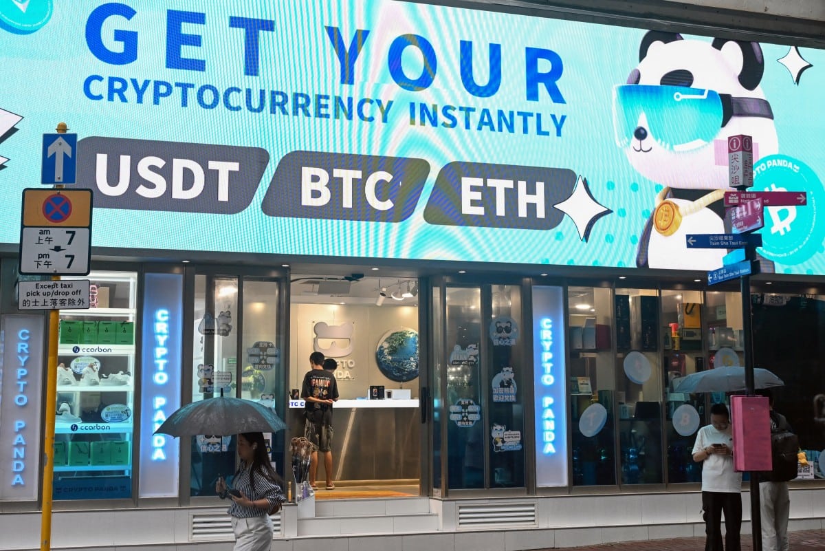 Bitcoin, ethereum and the stablecoin USDT are promoted at a cryptocurrency store