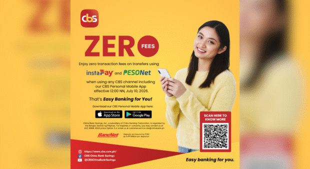 CBS China Bank Savings announces zero fees on InstaPay and PESONet transfers